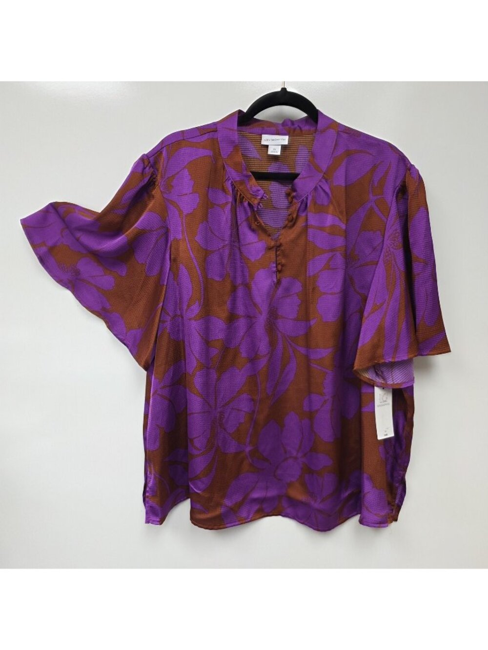 Liz Claiborne Shirt Womens 2X Purple Brown Floral V Neck Kimono Tunic Top